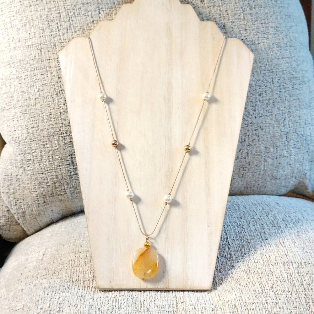 Agate brown & cream necklace goldtone beads chain 24" faux pearls